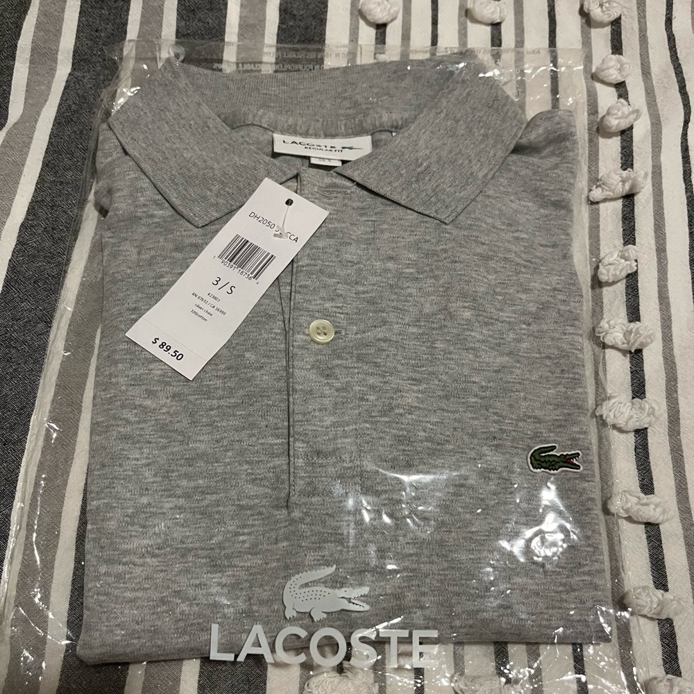BRAND NEW LACOSTE POLO W/ TAGS Solid Light Gray/Silver Short Sleeve Regular Fit